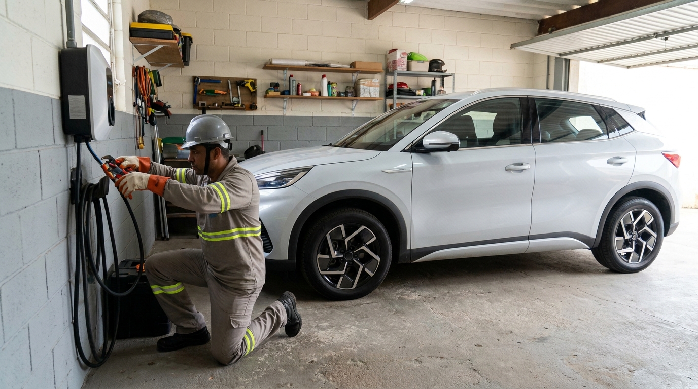 Eletricista instalando carregador de carro eletrico em Belém‑PA